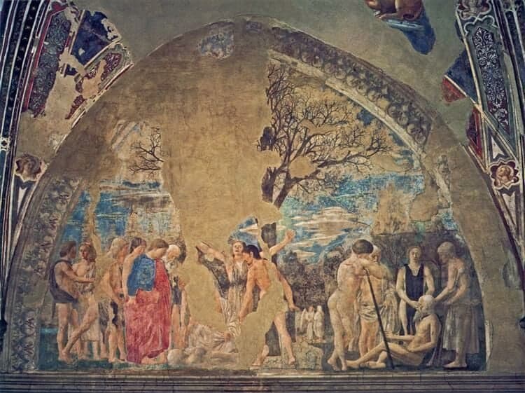 Ademin Ölümü; alçı zemin üzerine yapılmış duvar resmi, Piero della Francesca, ressam ve matematikçi, Erken Rönesans dönemi*, San Francesco Bazilikası, Arezzo, Toscana, İtalya