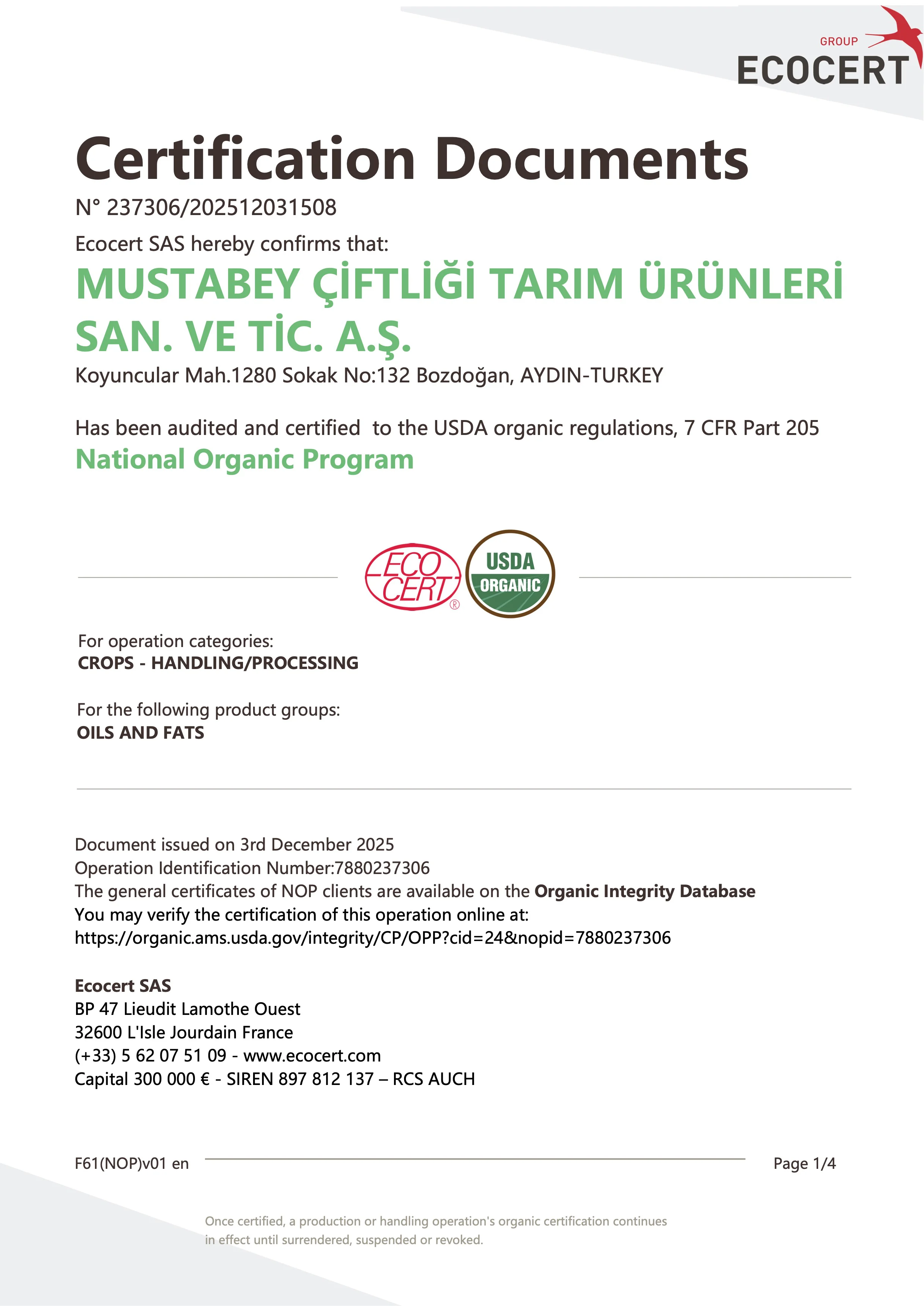 NOP Organic sertifikasının ilk sayfası
