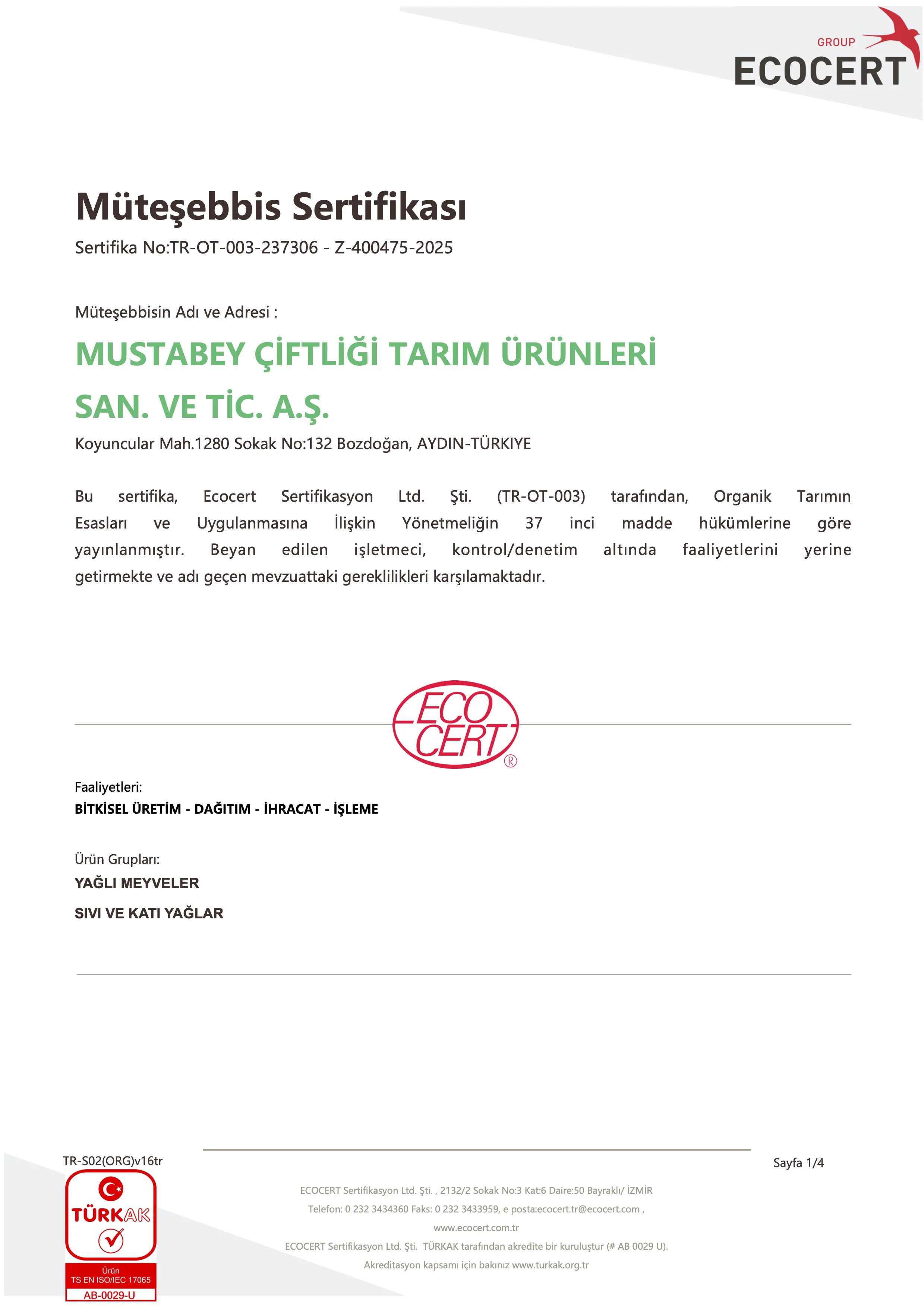 Organik Tarım sertifikasının ilk sayfası